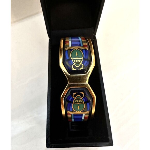 RARE Vintage Michaela Frey Wien Enamel Bracelet – Egyptian Scarab Design 24K GP - Picture 1 of 5